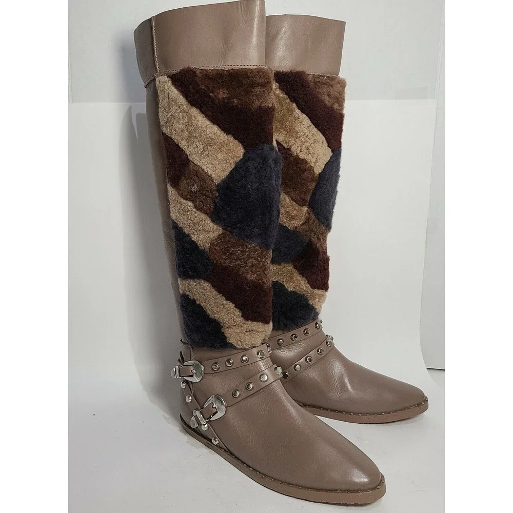 Ivy Kirzhner women boot Shearling Taupe tall fur Tartufo Patchwork sz 7.5 New